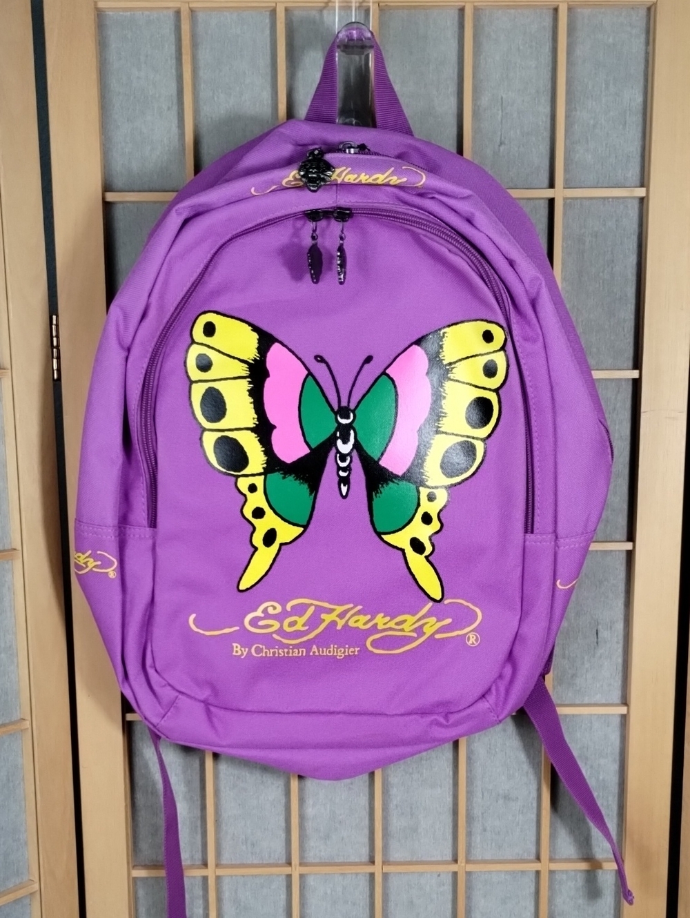 Ed Hardy Purple Backpack with Colorful Butterfly Graphic